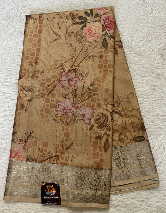 Banarasi Soft Silk Saree Light Mustard Colored Complemented with a Zari Border. - Sampradaya Designer Studio