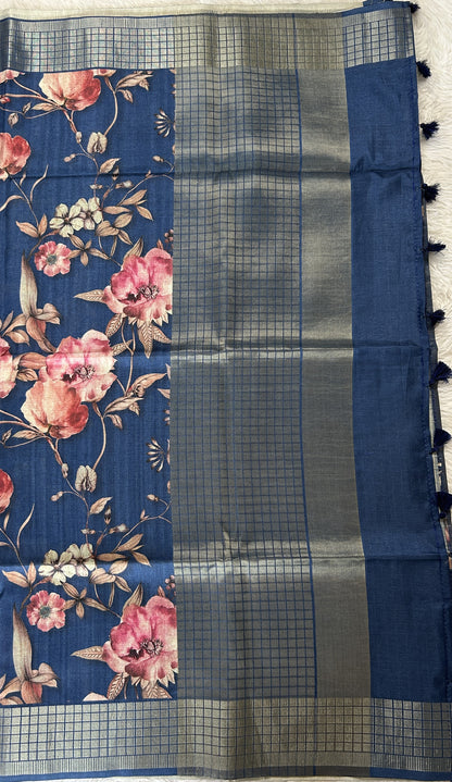 Semi Tussar Tissue Designer Saree Blue colored complemented with a Zari Border. - Sampradaya Designer Studio