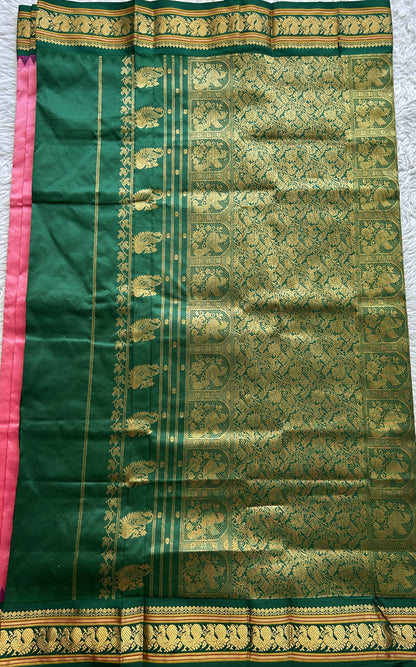 Narayanpet Silk Saree Dark Pink Colored Complemented with a Green Zari Border.