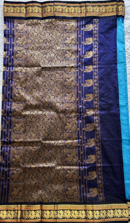 Narayanpet Silk Saree Sky Blue Colored Complemented with a Navy Blue Zari Border.