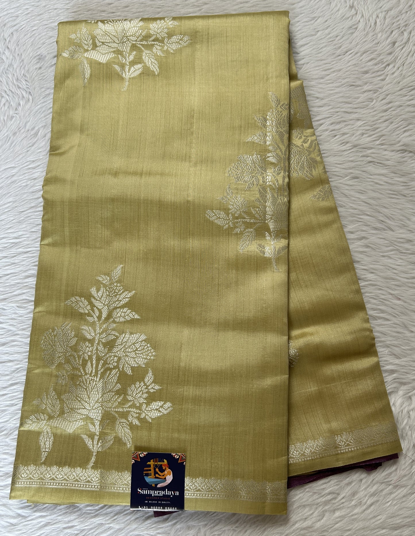 Banarasi Chiniya Silk Saree Light Lemon Yellow Colored Complemented with a Zari Border. - Sampradaya Designer Studio