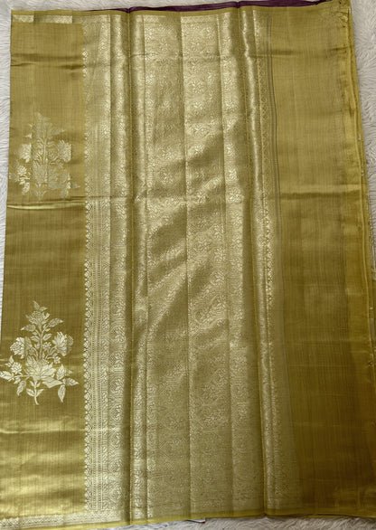 Banarasi Chiniya Silk Saree Light Lemon Yellow Colored Complemented with a Zari Border. - Sampradaya Designer Studio