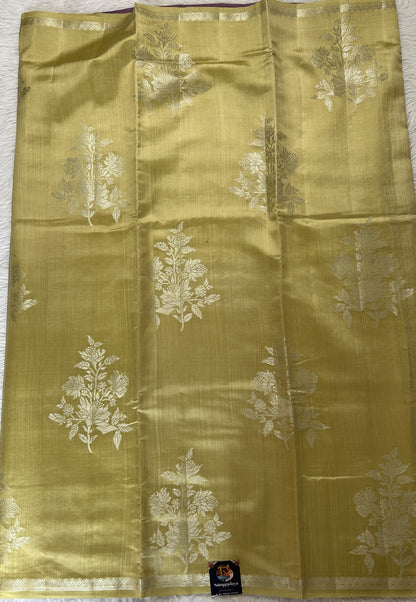 Banarasi Chiniya Silk Saree Light Lemon Yellow Colored Complemented with a Zari Border. - Sampradaya Designer Studio