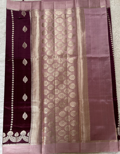 Banarasi Chiniya Silk Saree Deep Purple Colored Complemented with a Baby Pink Plain Border. - Sampradaya Designer Studio