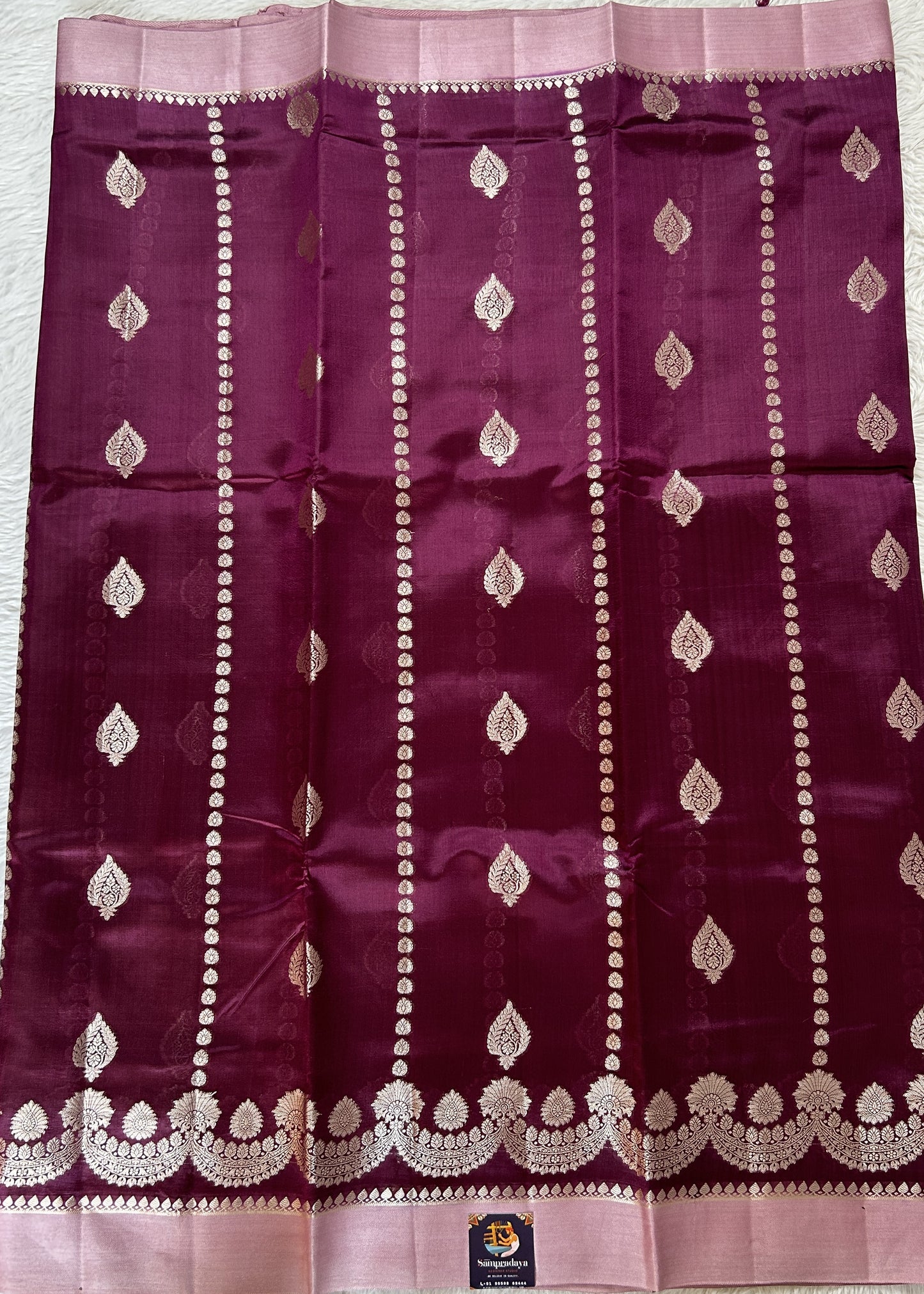 Banarasi Chiniya Silk Saree Deep Purple Colored Complemented with a Baby Pink Plain Border. - Sampradaya Designer Studio