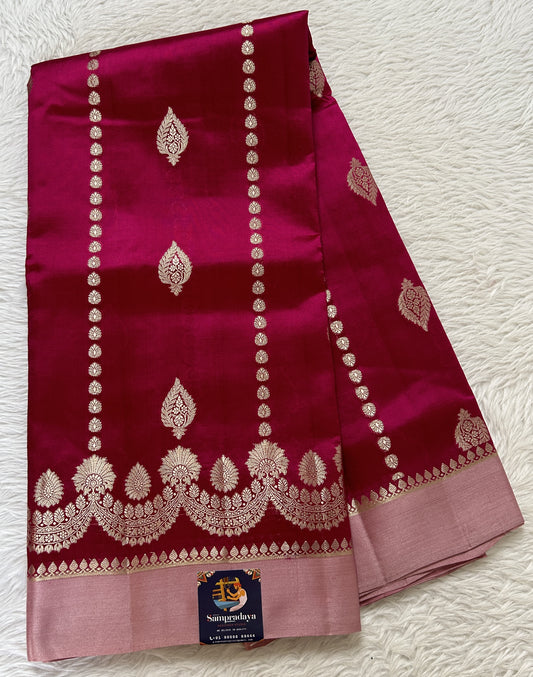 Banarasi Chiniya Silk Saree Pink Colored Complemented with a Baby Pink Plain Border. - Sampradaya Designer Studio