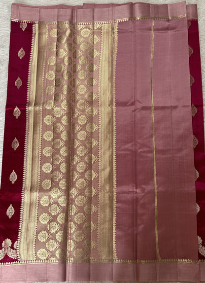 Banarasi Chiniya Silk Saree Pink Colored Complemented with a Baby Pink Plain Border. - Sampradaya Designer Studio