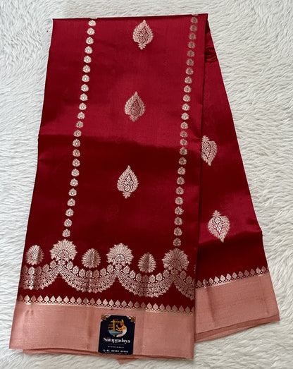 Banarasi Chiniya Silk Saree Red Colored Complemented with a Peach Plain Border. - Sampradaya Designer Studio