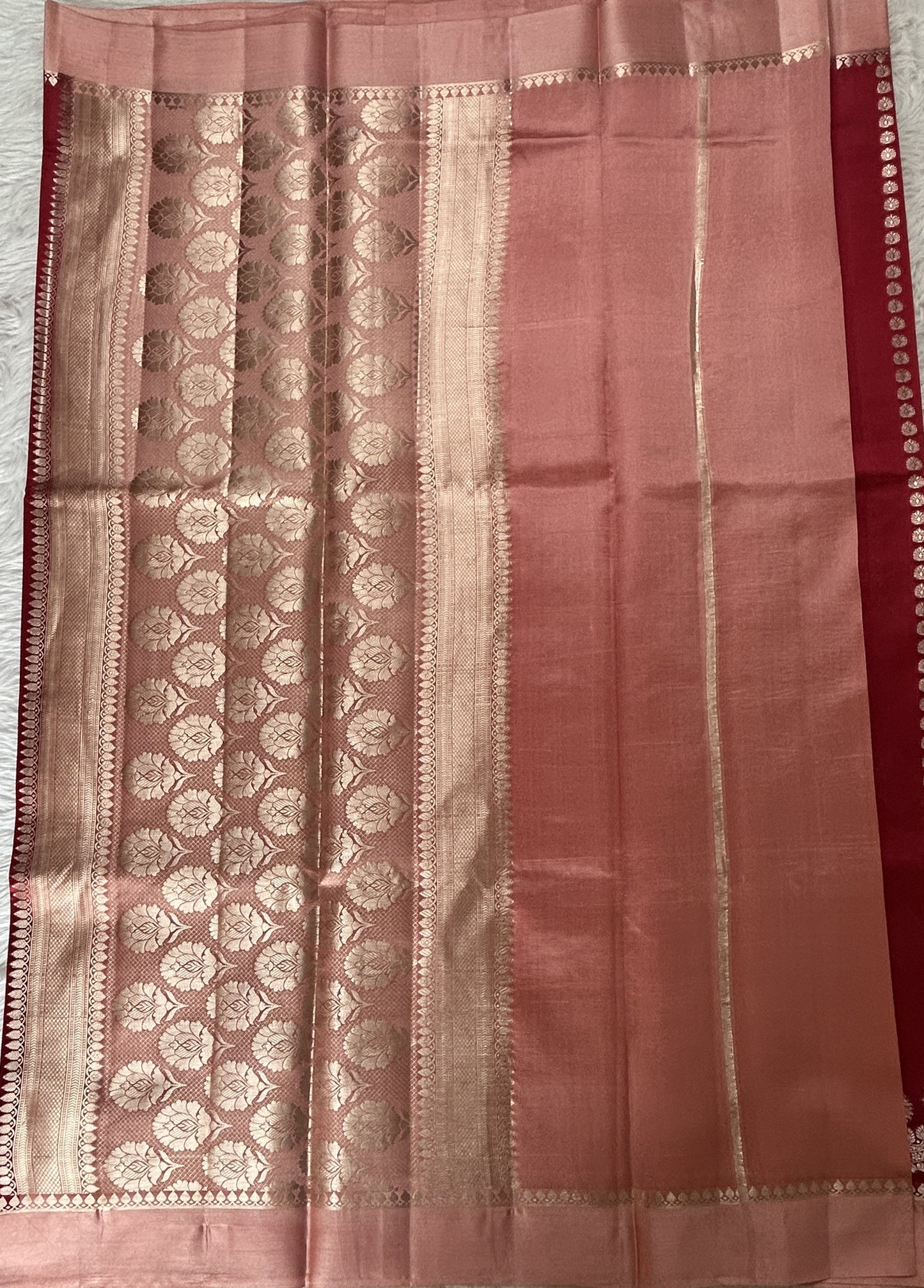 Banarasi Chiniya Silk Saree Red Colored Complemented with a Peach Plain Border. - Sampradaya Designer Studio