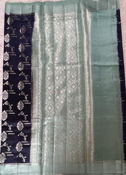 Banarasi Chiniya Silk Saree Ink Blue Colored Complemented with a Sea Blue Plain Border. - Sampradaya Designer Studio