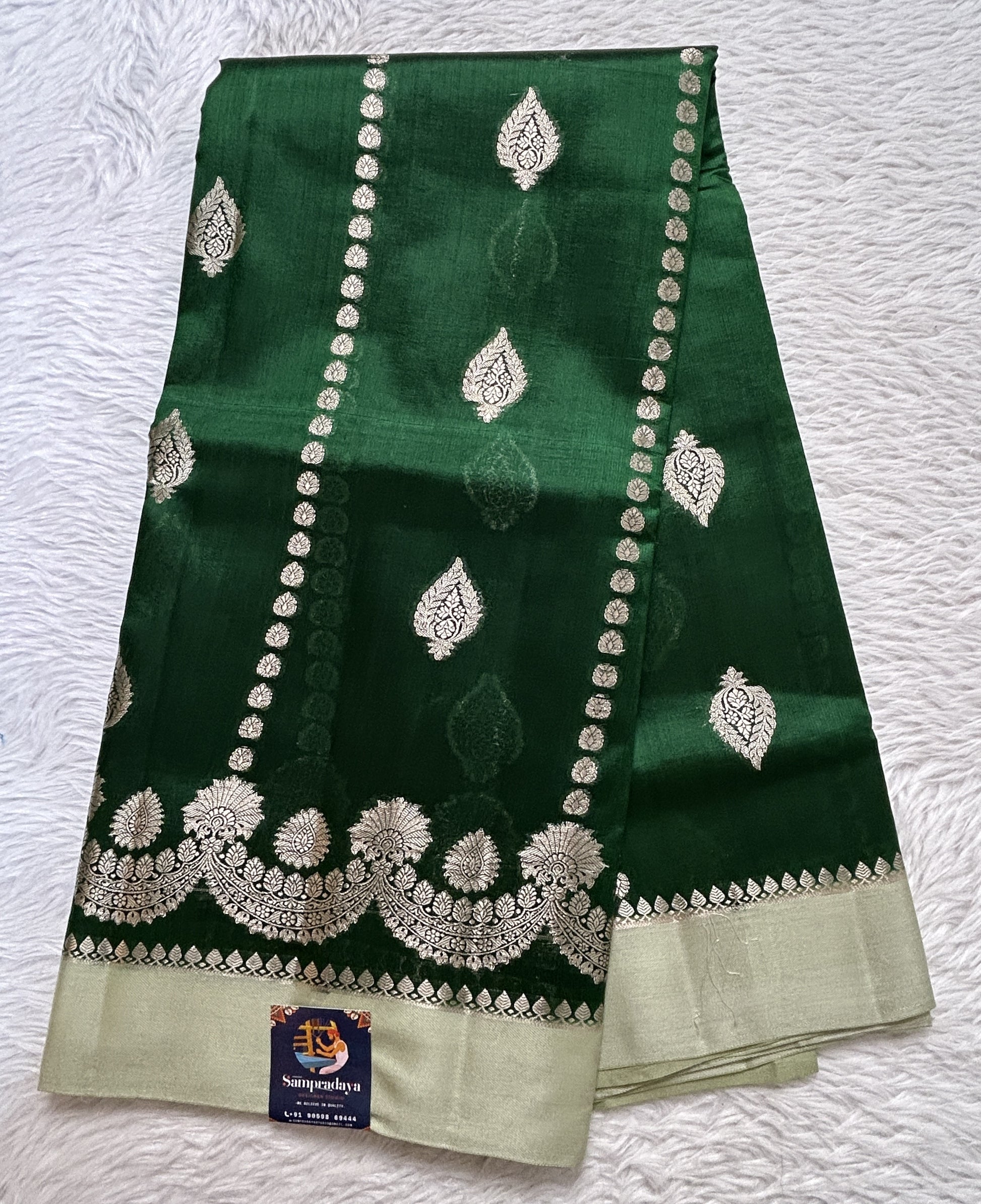 Banarasi Chiniya Silk Saree Green Colored Complemented with a Pista Green Plain Border. - Sampradaya Designer Studio