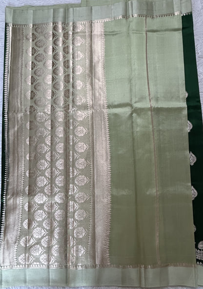 Banarasi Chiniya Silk Saree Green Colored Complemented with a Pista Green Plain Border. - Sampradaya Designer Studio