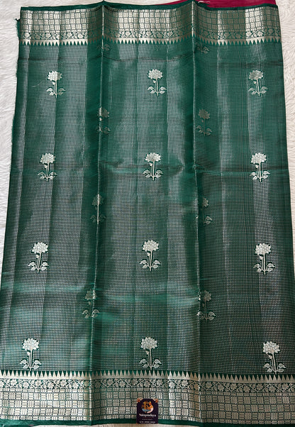 Banarasi Chiniya Silk Saree Bottle Green Colored Complemented with a Zari Border. - Sampradaya Designer Studio