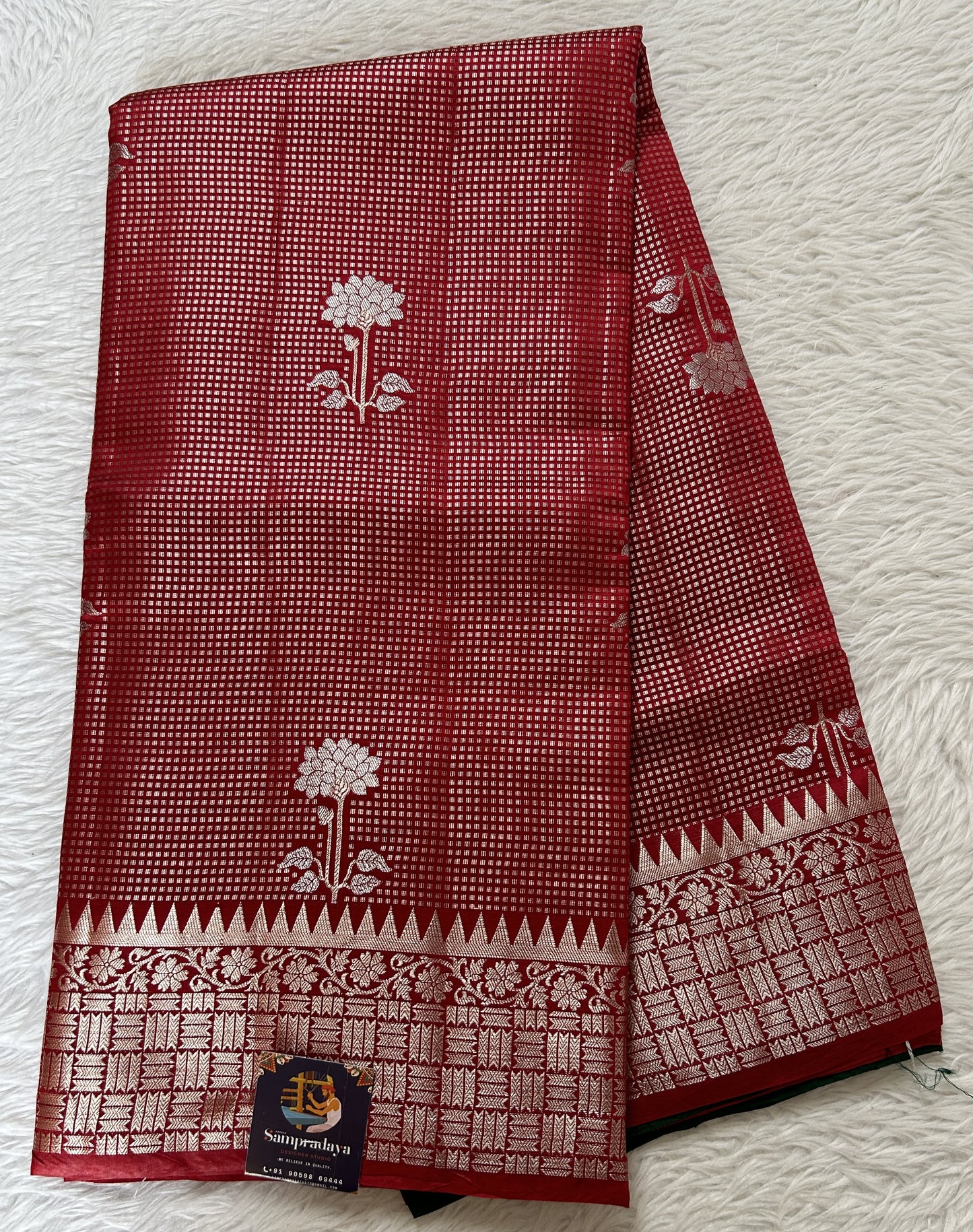 Banarasi Chiniya Silk Saree Red Colored Complemented with a Zari Border. - Sampradaya Designer Studio