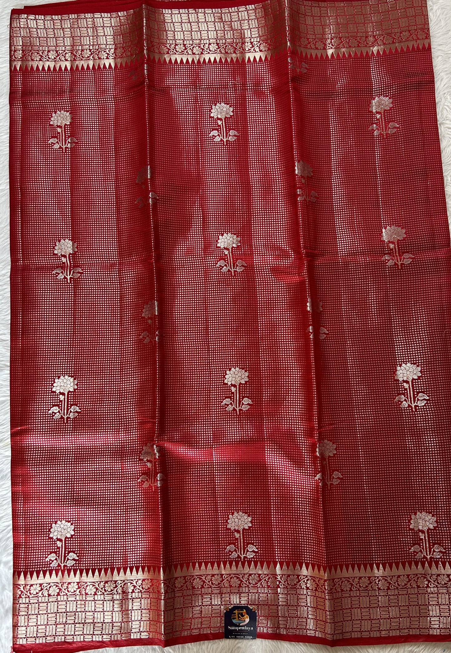 Banarasi Chiniya Silk Saree Red Colored Complemented with a Zari Border. - Sampradaya Designer Studio