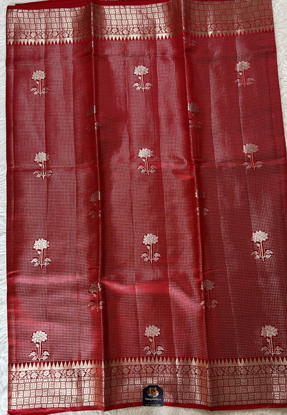 Banarasi Chiniya Silk Saree Red Colored Complemented with a Zari Border. - Sampradaya Designer Studio