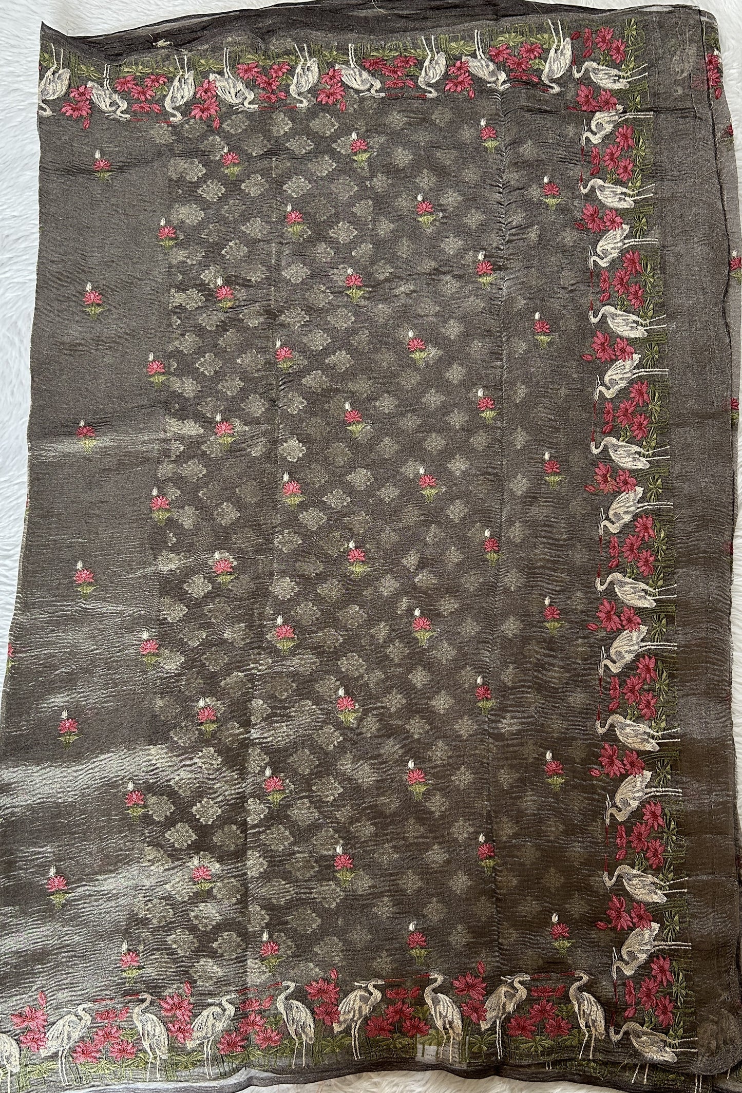 Banarasi Crushed Silk Saree Gray Colored Complemented with a Thread Embroidery border. - Sampradaya Designer Studio