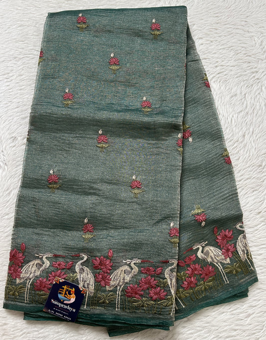 Banarasi Crushed Silk Saree Sea Green Colored Complemented with a Thread Embroidery border. - Sampradaya Designer Studio