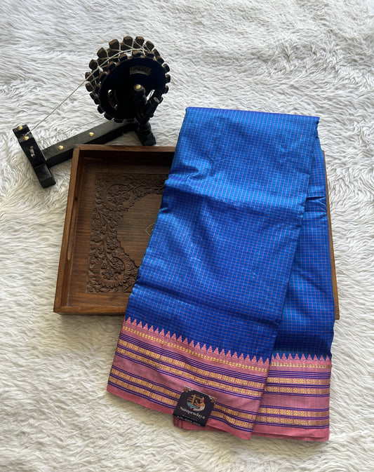 Narayanpet Silk Checks Saree Cobalt Blue Colored Complemented with a Peach Zari Border.