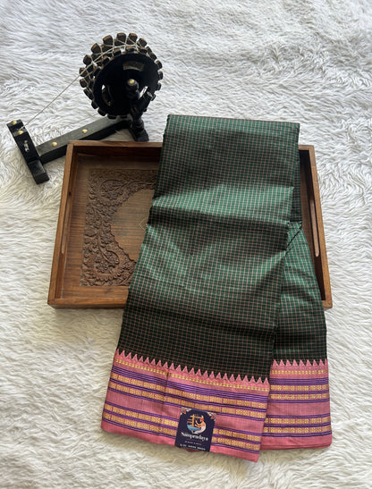 Narayanpet Silk Checks Saree Bottle Green Colored Complemented with a Peach Zari Border.