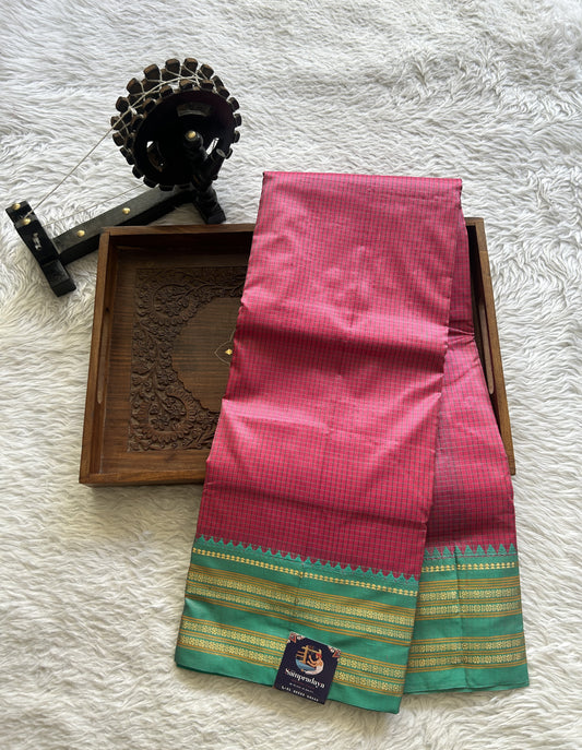 Narayanpet Silk Checks Saree Pink Colored Complemented with a Rama Green Zari Border.