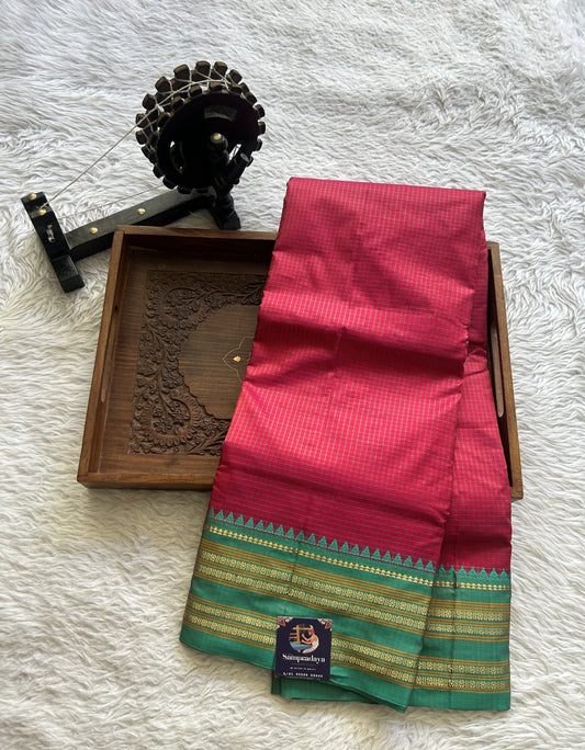 Narayanpet Silk Checks Saree Dark Pink Colored Complemented with a Rama Green Zari Border.