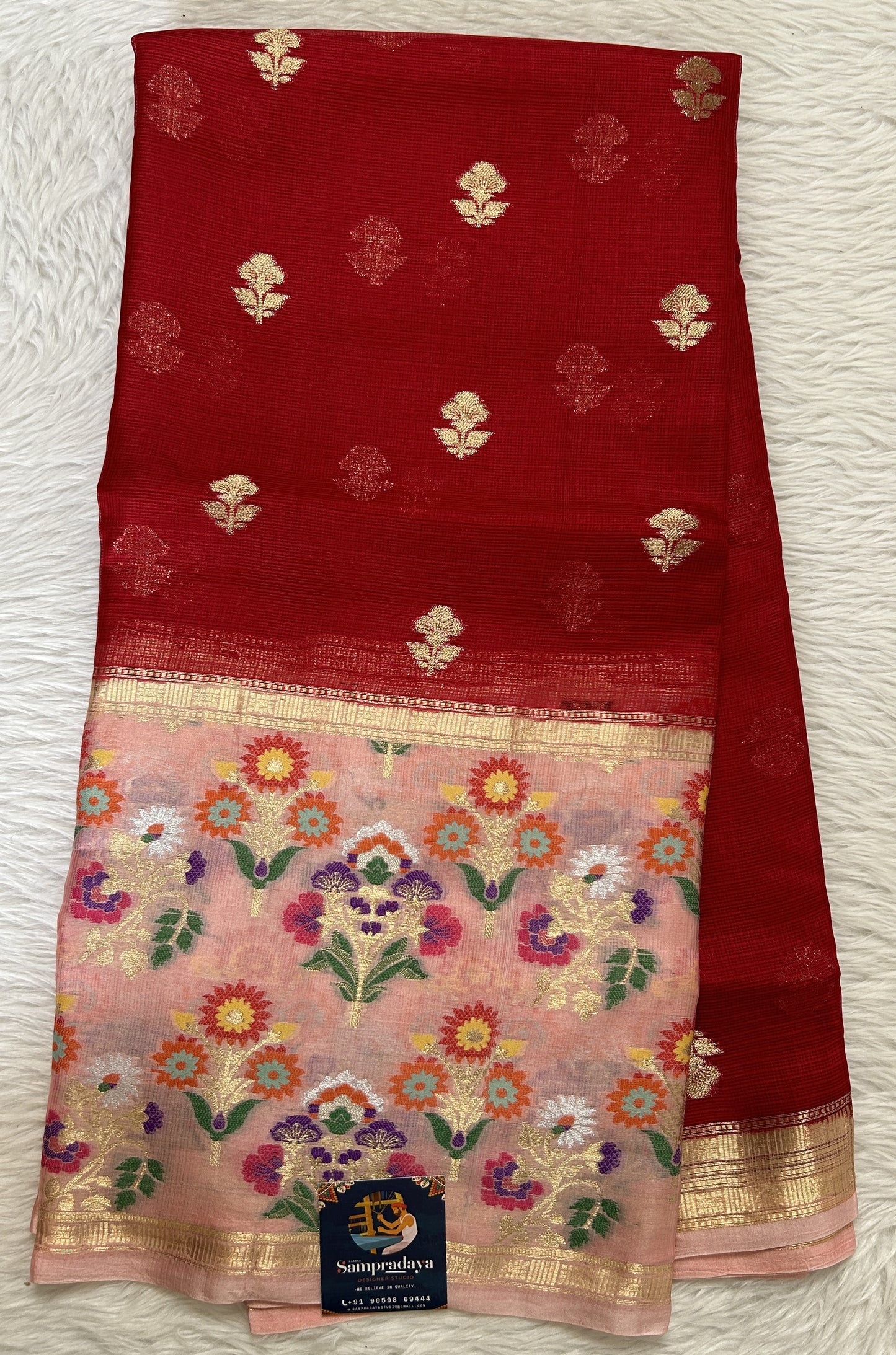 Silk kota Saree Red colored Complemented with a Baby Pink Color Zari Buti Border. - Sampradaya Designer Studio