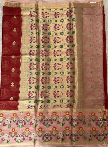 Silk kota Saree Red colored Complemented with a Baby Pink Color Zari Buti Border. - Sampradaya Designer Studio