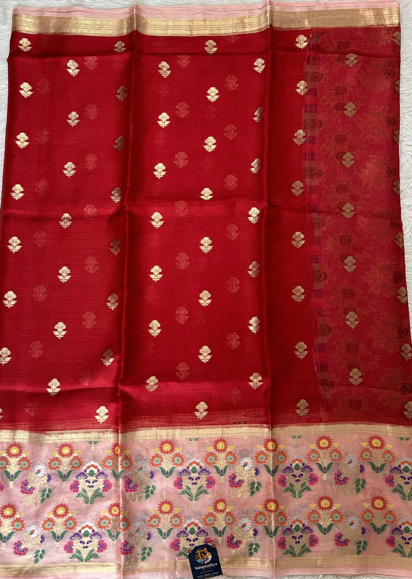 Silk kota Saree Red colored Complemented with a Baby Pink Color Zari Buti Border. - Sampradaya Designer Studio