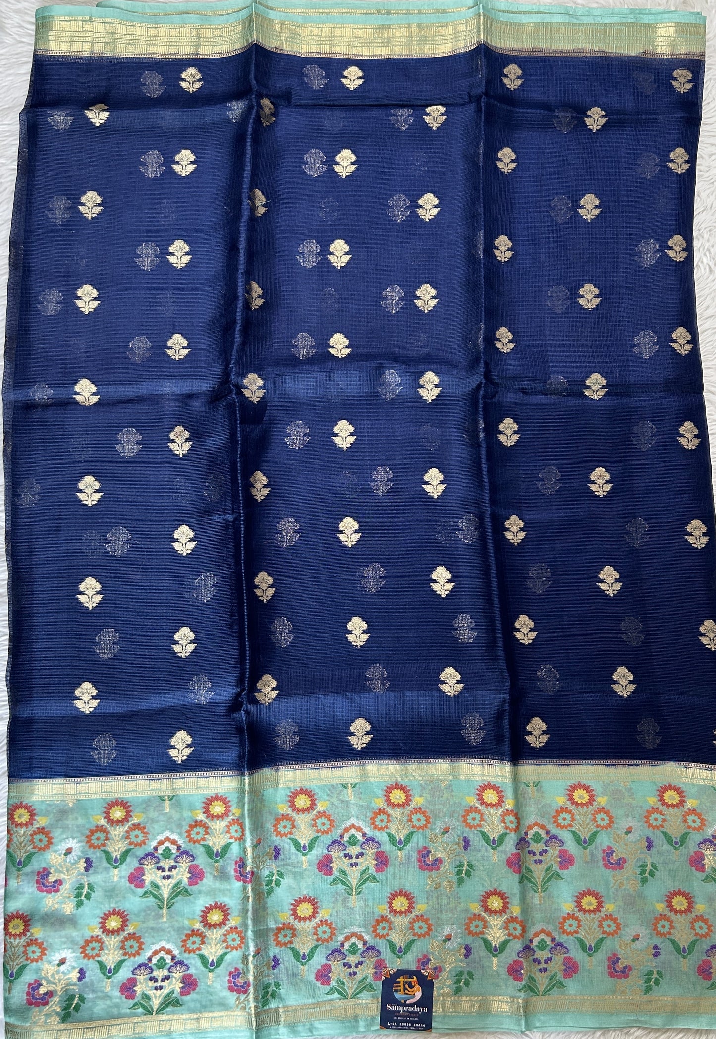 Silk kota Saree Navy Blue colored Complemented with a Sea Blue Color Zari Buti Border. - Sampradaya Designer Studio