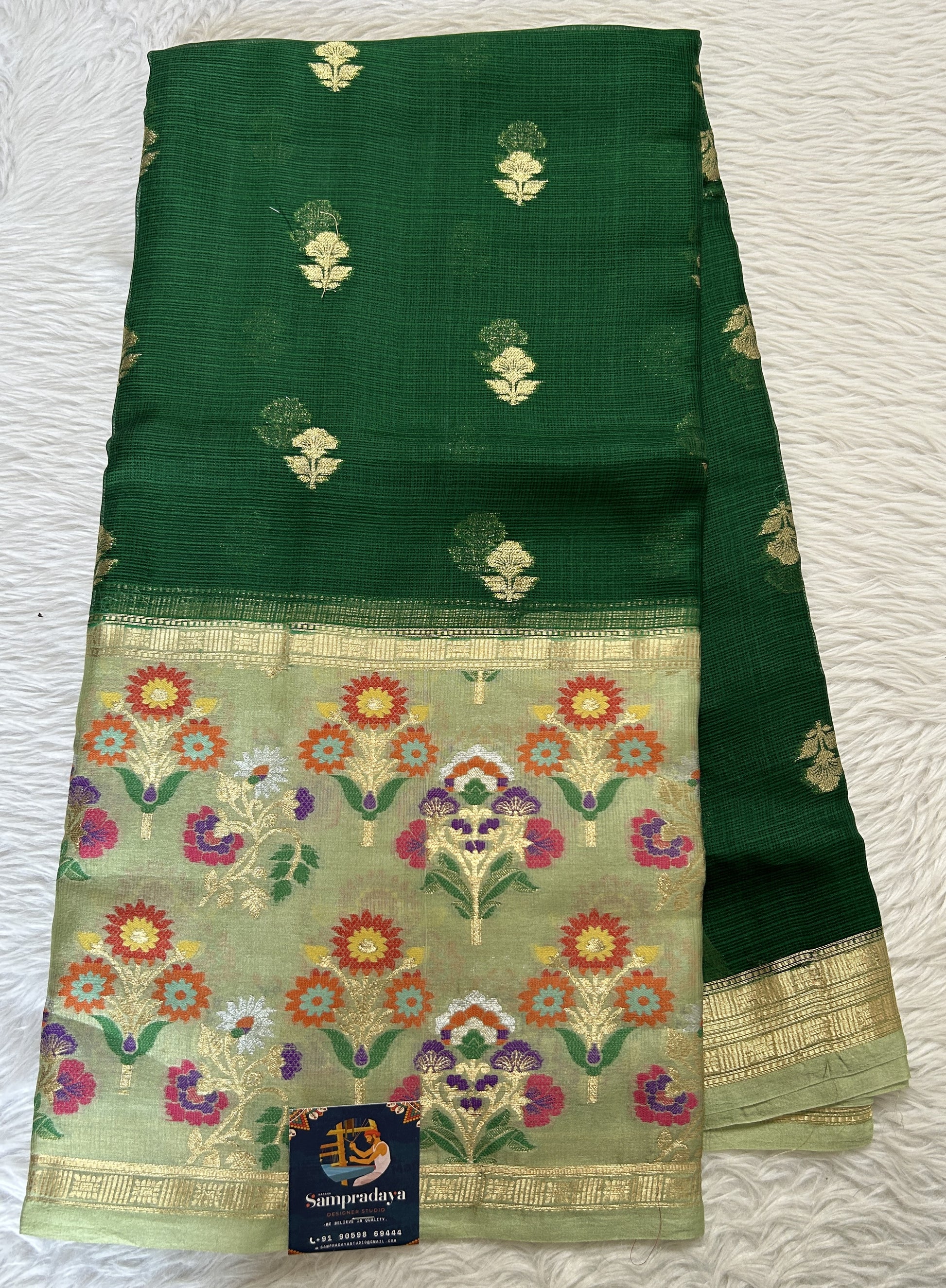 Silk kota Saree Bottle Green colored Complemented with a Light Green Color Zari Buti Border. - Sampradaya Designer Studio