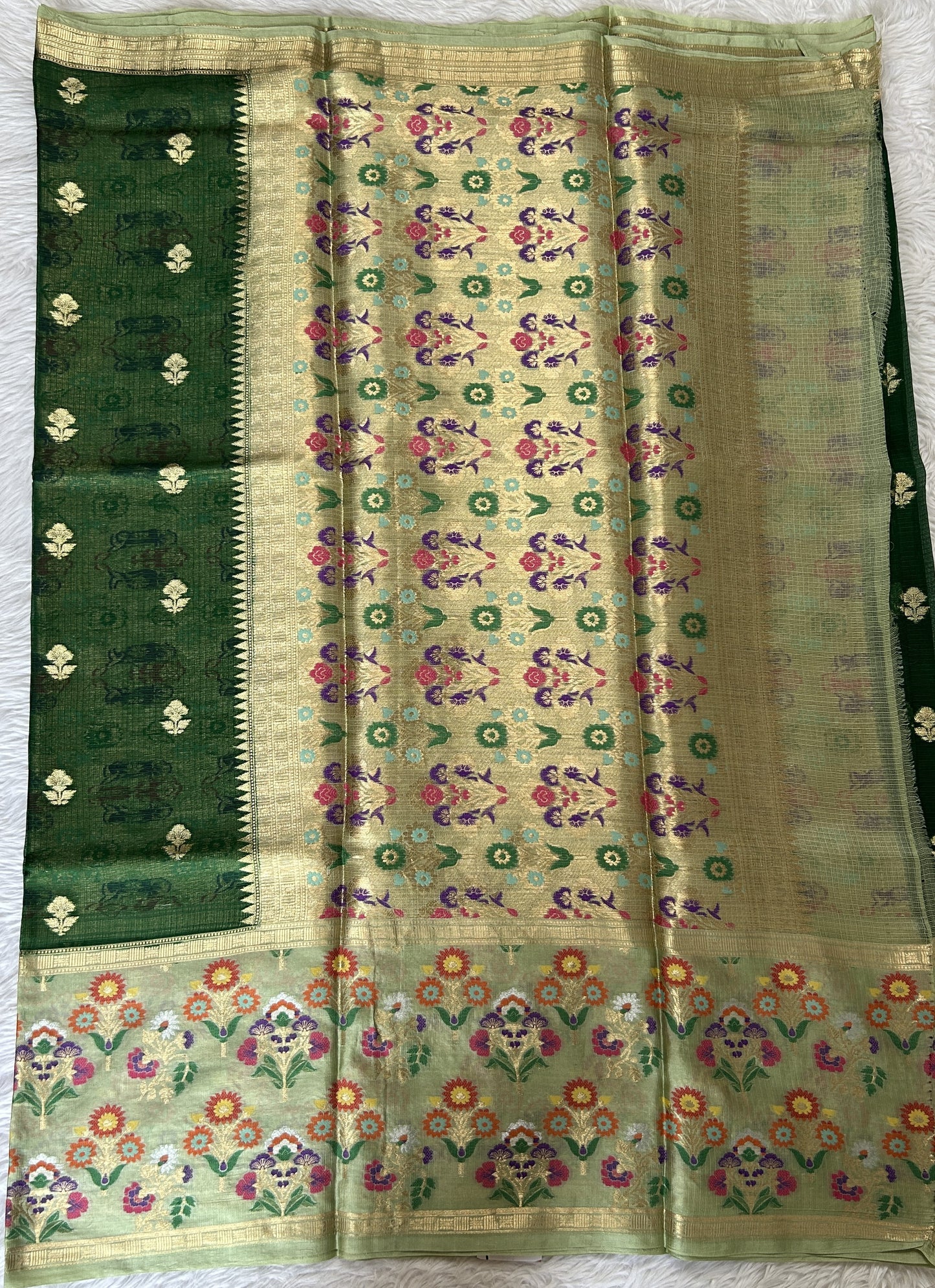 Silk kota Saree Bottle Green colored Complemented with a Light Green Color Zari Buti Border. - Sampradaya Designer Studio