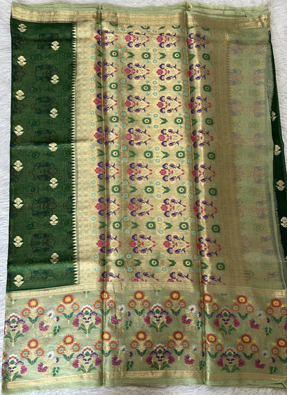 Silk kota Saree Bottle Green colored Complemented with a Light Green Color Zari Buti Border. - Sampradaya Designer Studio