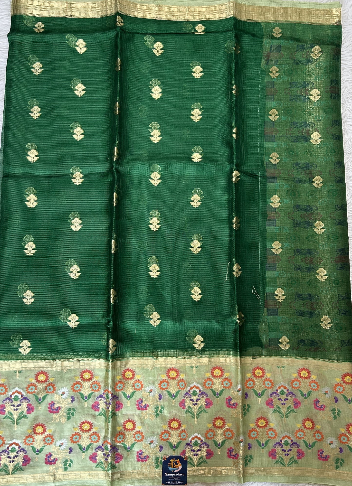 Silk kota Saree Bottle Green colored Complemented with a Light Green Color Zari Buti Border. - Sampradaya Designer Studio