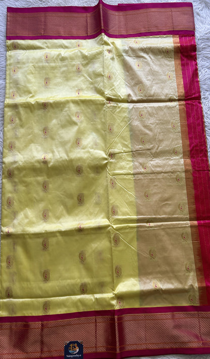 Narayanpet Silk Saree Lemon Yellow Colored Complemented with a Zari Border.