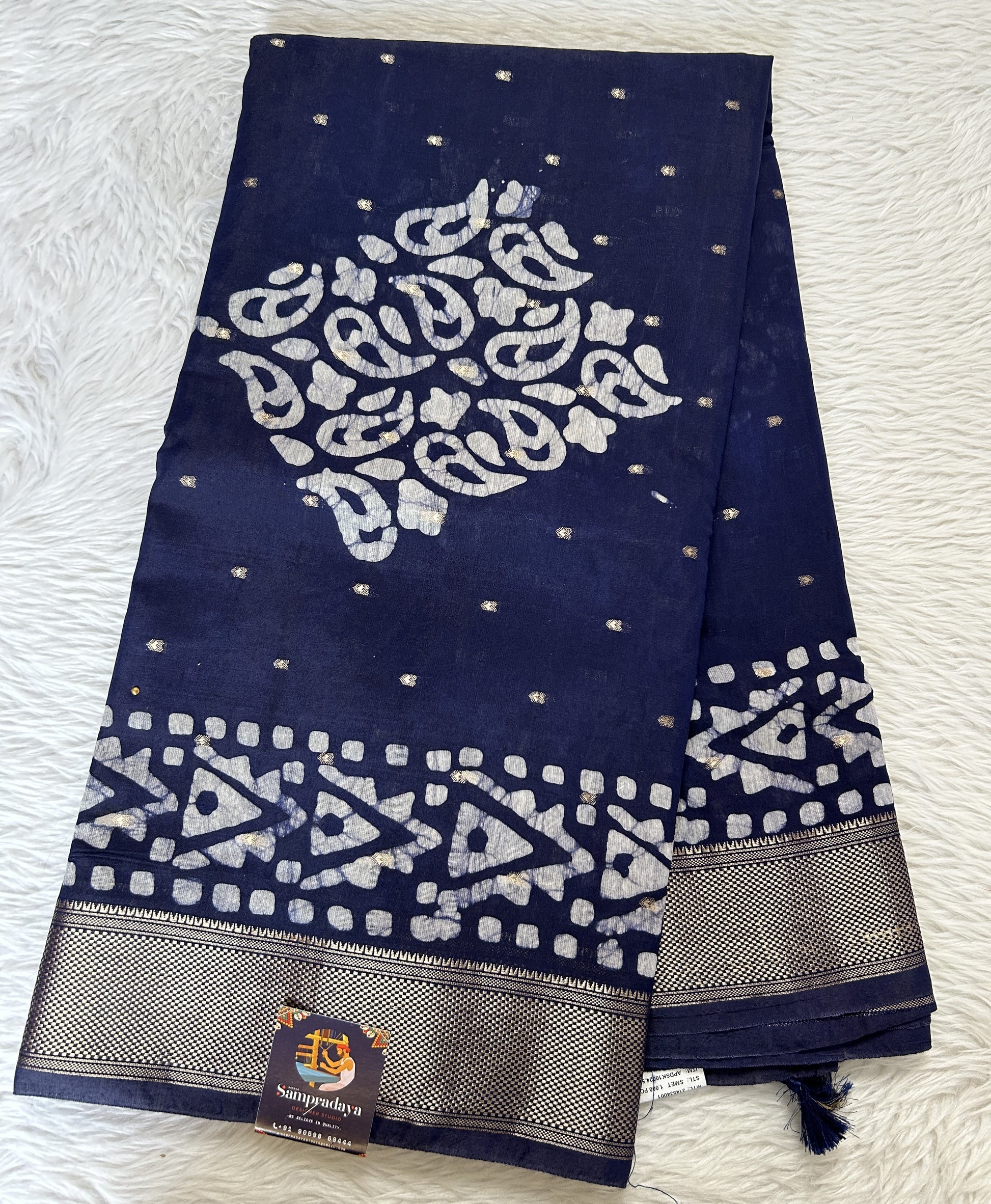 Banarasi Cotton Saree Ink Blue Colored Complemented with a Zari Border. - Sampradaya Designer Studio