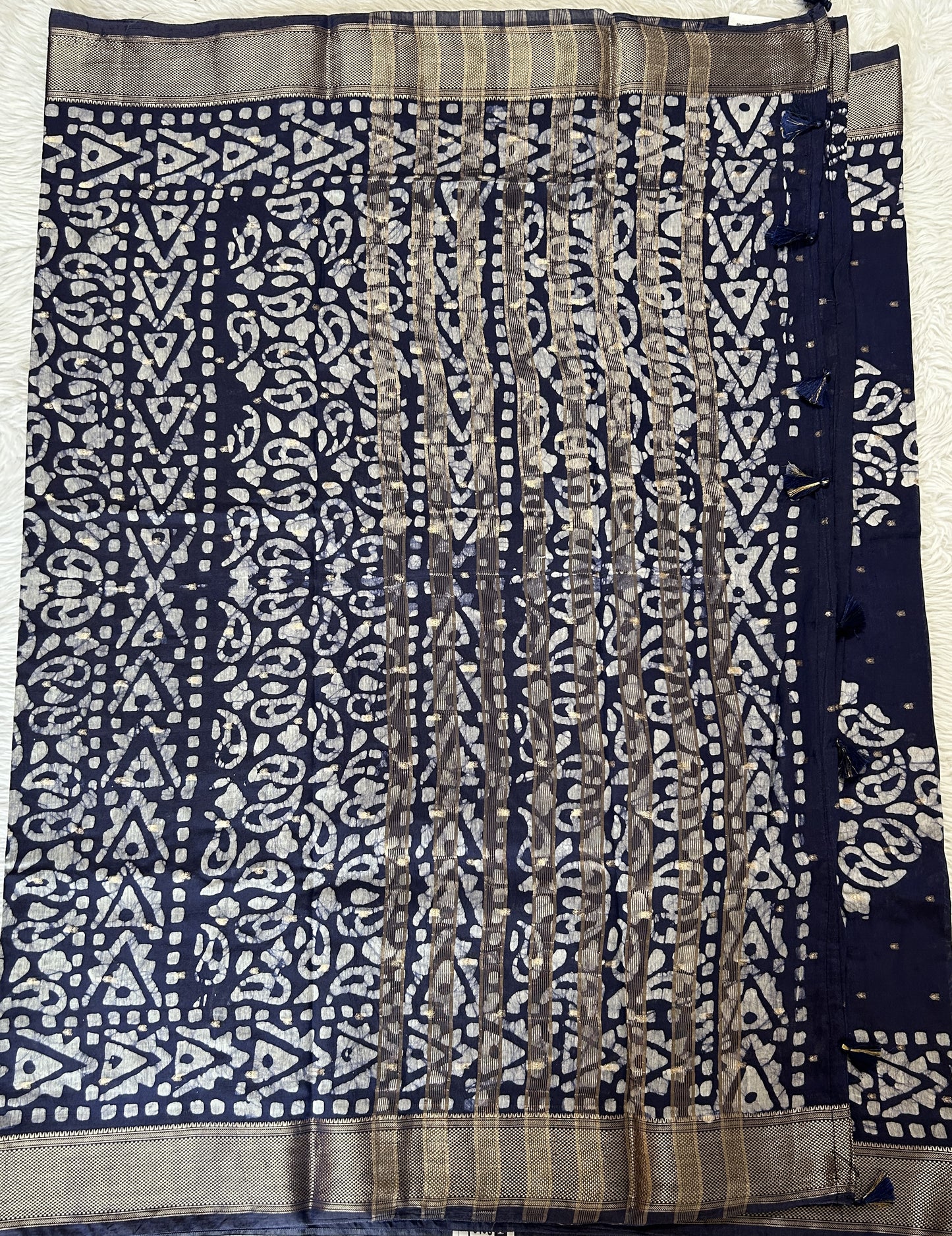 Banarasi Cotton Saree Ink Blue Colored Complemented with a Zari Border. - Sampradaya Designer Studio