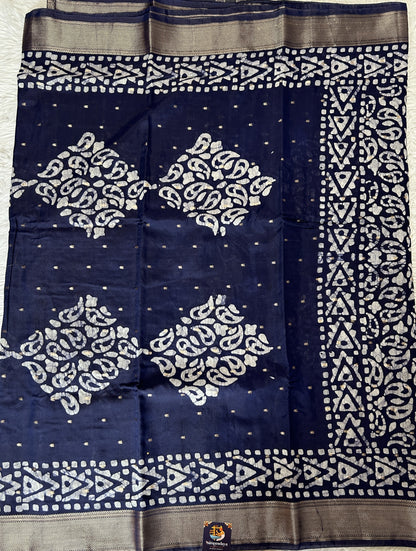 Banarasi Cotton Saree Ink Blue Colored Complemented with a Zari Border. - Sampradaya Designer Studio