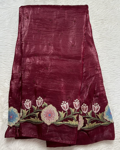 Inox Silk Saree Wine Colored Complemented with a Cutwork Border. - Sampradaya Designer Studio