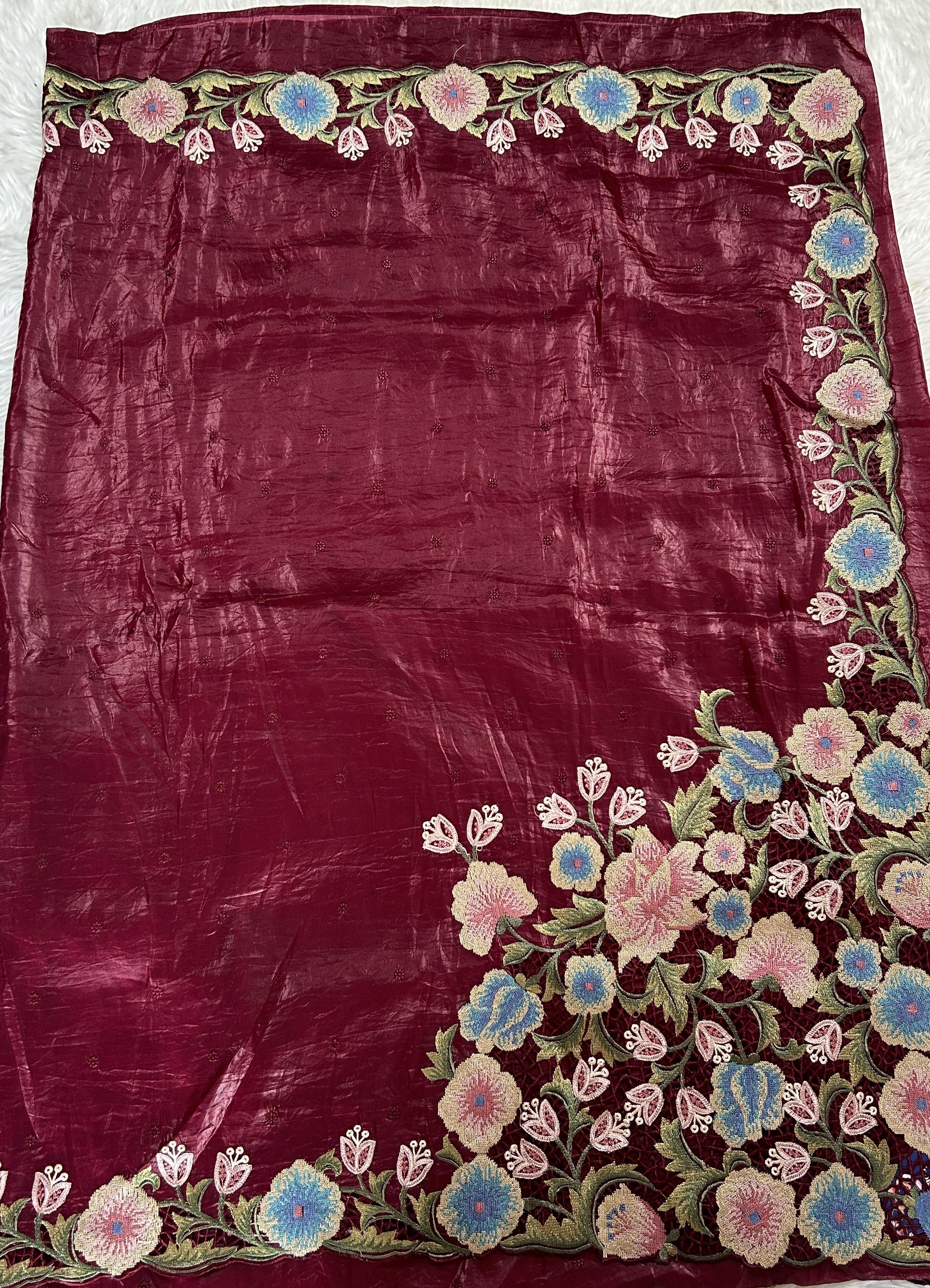 Inox Silk Saree Wine Colored Complemented with a Cutwork Border. - Sampradaya Designer Studio