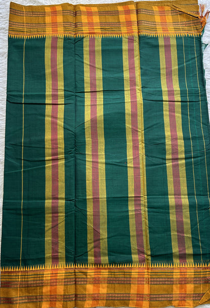 Narayanpet Cotton Saree Dark Green Colored Complemented with a Thread Border.