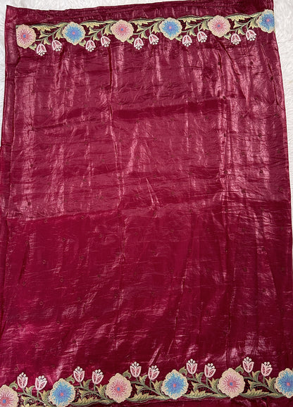 Inox Silk Saree Wine Colored Complemented with a Cutwork Border. - Sampradaya Designer Studio