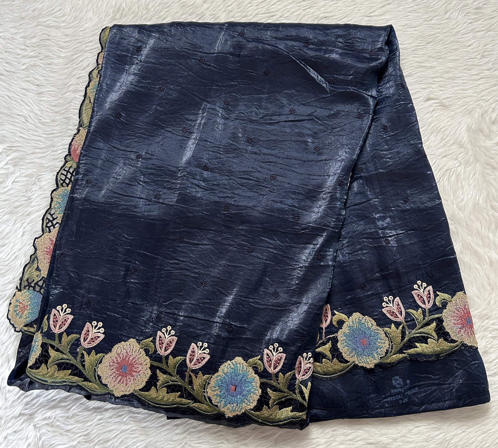 Inox Silk Saree Navy Blue Colored Complemented with a Cutwork Border. - Sampradaya Designer Studio