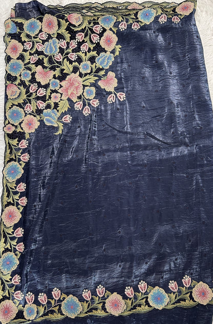 Inox Silk Saree Navy Blue Colored Complemented with a Cutwork Border. - Sampradaya Designer Studio