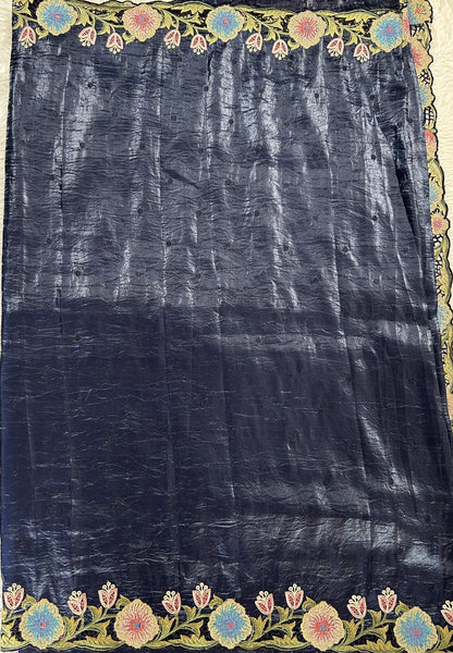 Inox Silk Saree Navy Blue Colored Complemented with a Cutwork Border. - Sampradaya Designer Studio