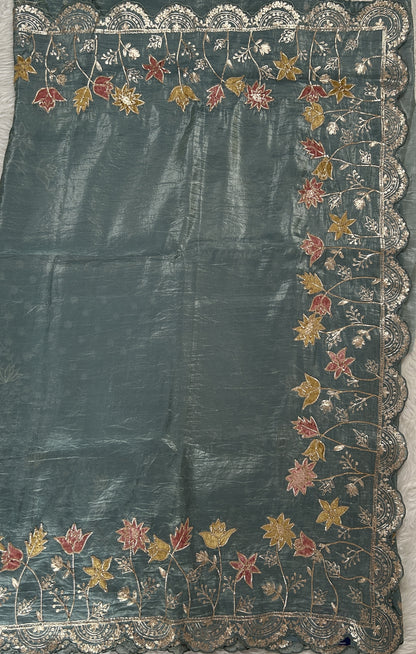 Inox Silk Saree Sea Blue Colored Complemented with a Scallop Border. - Sampradaya Designer Studio