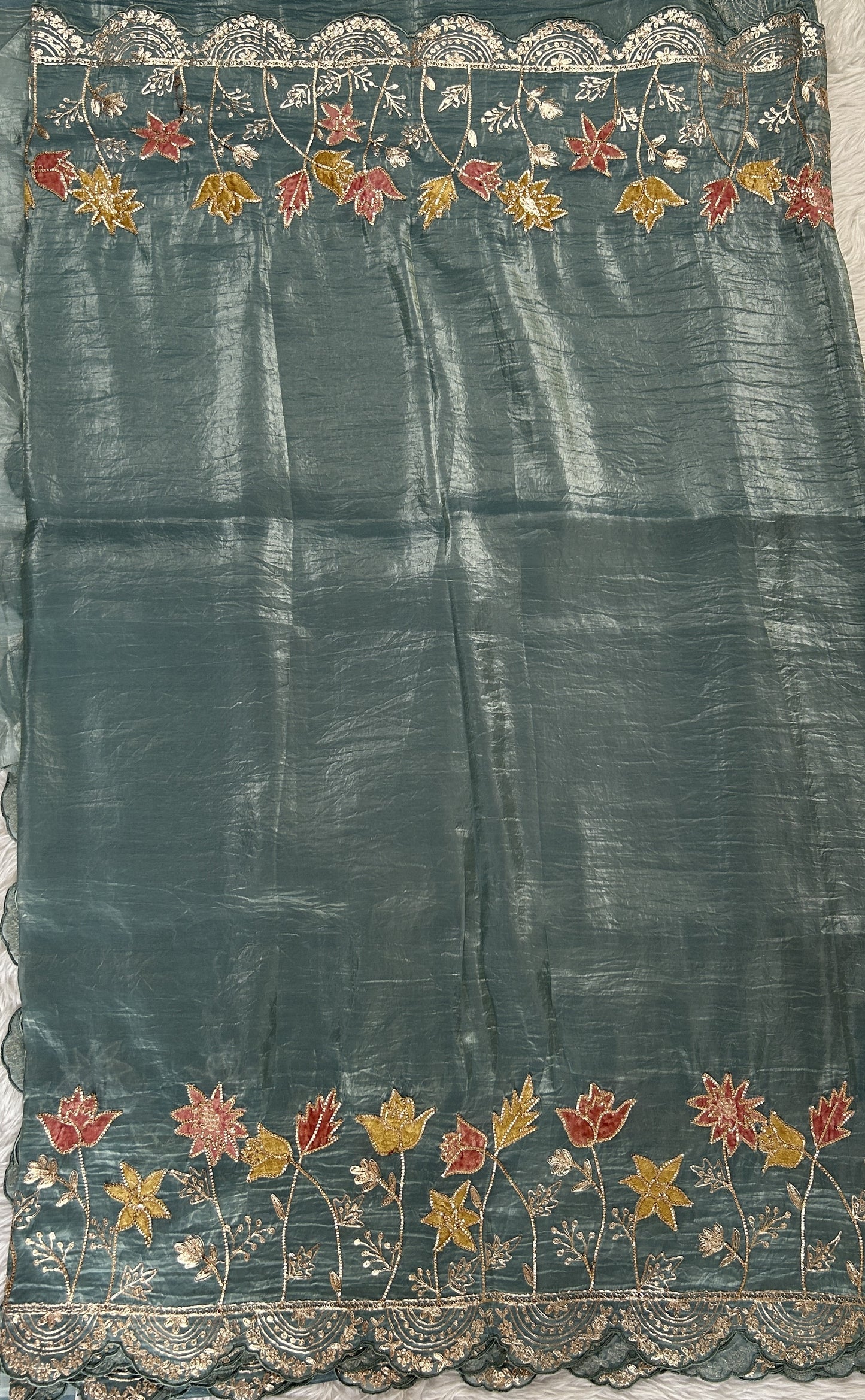 Inox Silk Saree Sea Blue Colored Complemented with a Scallop Border. - Sampradaya Designer Studio