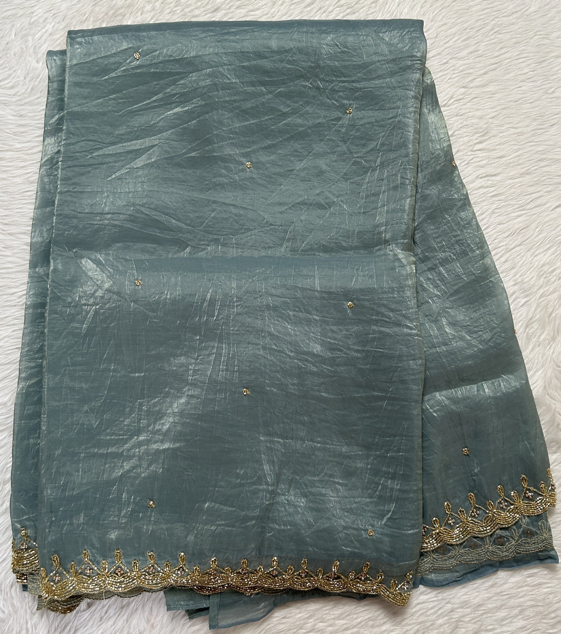 Inox Silk Saree Sea Blue Colored Complemented with a Scallop Hand Embroidery Border. - Sampradaya Designer Studio