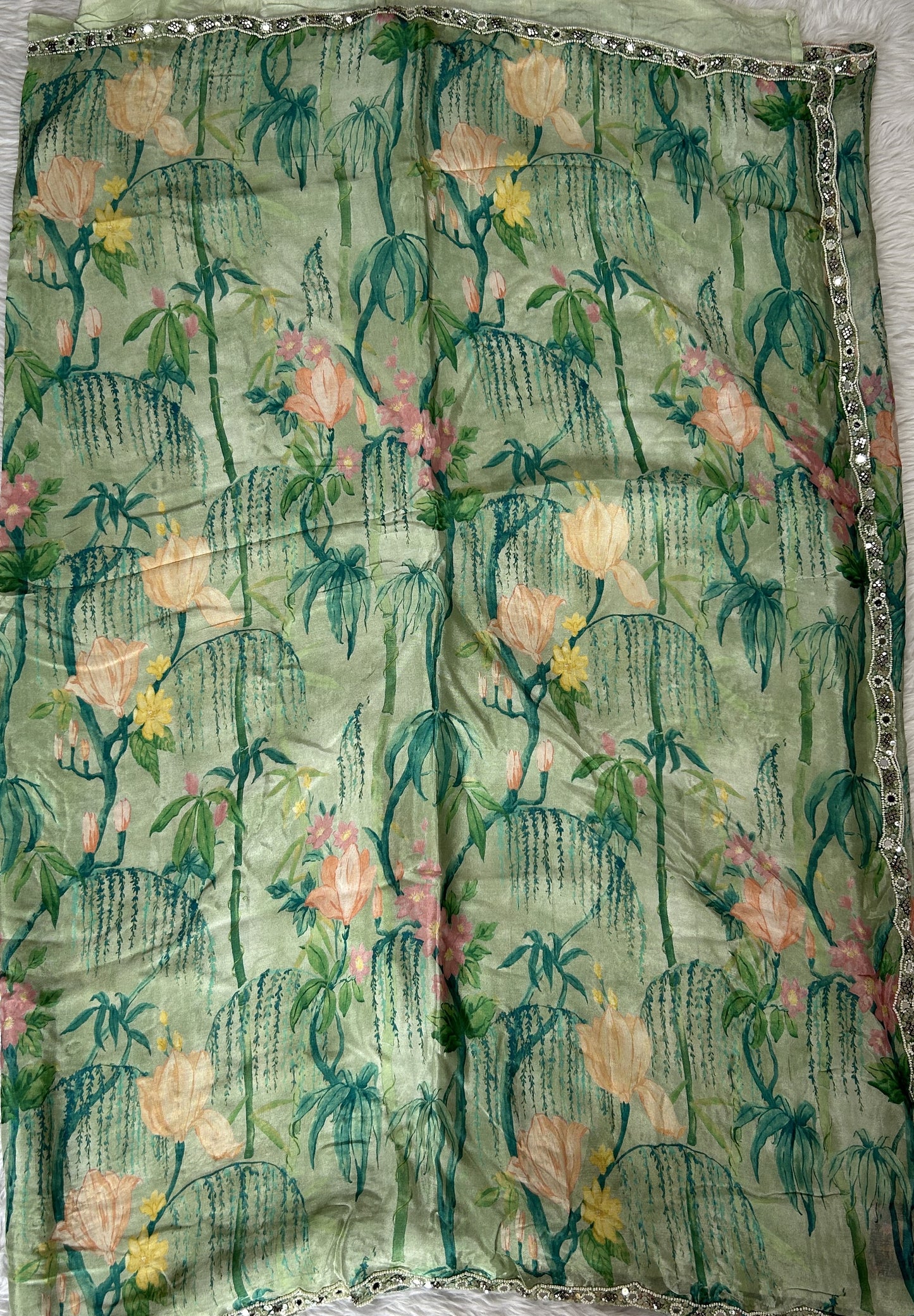 Chiffon Designer Saree Green Color complemented with a Hand Embroidery Border. - Sampradaya Designer Studio