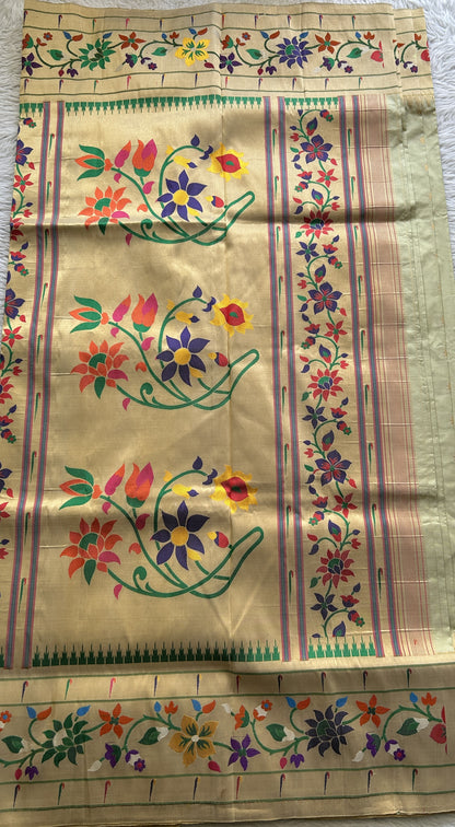 Narayanpet Silk Saree Wheat Colored Complemented with a Paithani Border.